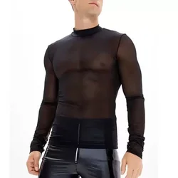 Y2K Mens T-Shirt Black Mesh Sexy Gym Semi Transparent Long Sleeved T-Shirt Autumn Casual Versatile Underwear Men's Clothing 2024