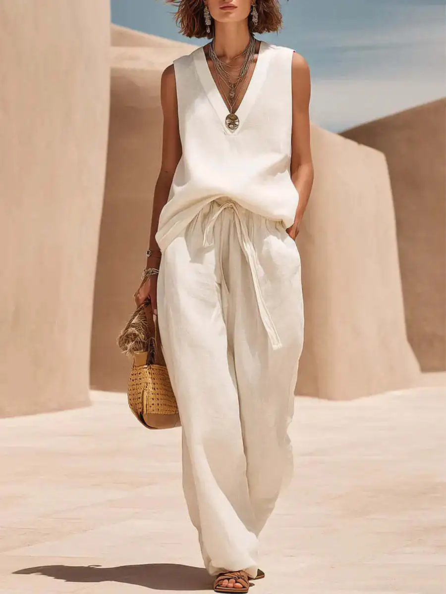 Spring and Summer New Women’s Clothing: Cotton-Linen Sleeveless V-Neck Set, Casual, Relaxed Feel, Linen.