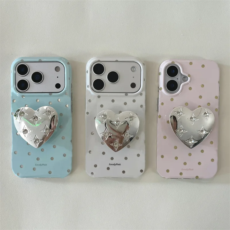Simple tri color polka dot | Silver plated heart-shaped stand | Gift style | Phone case suitable for iPhone 11 12 13 14 15 16 17