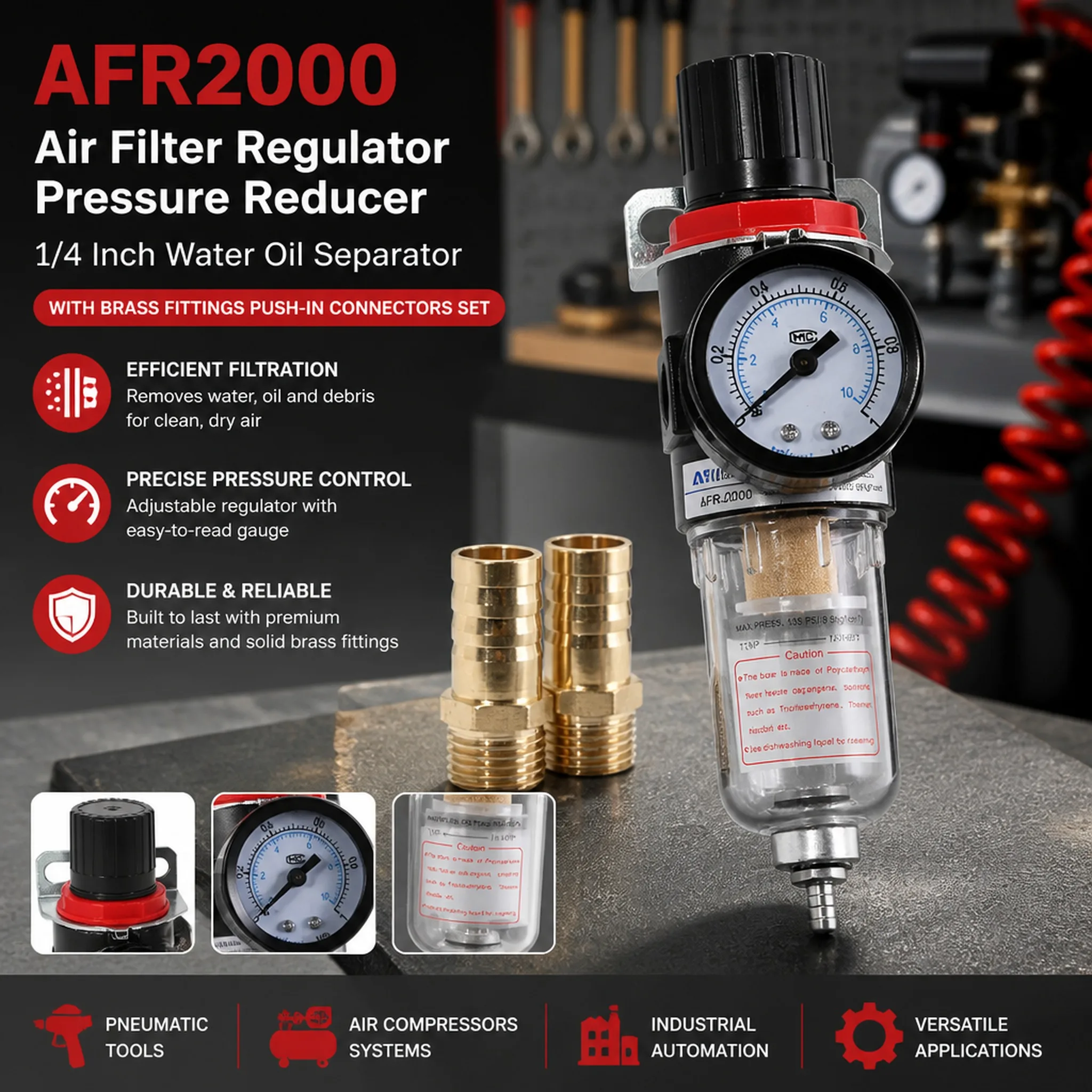 AFR2000 Air Filter Regulator 1/4 Inch Pressure Reducer 1 5 20Pcs Water Oil Separator with Brass Fitting Push In Connector Set