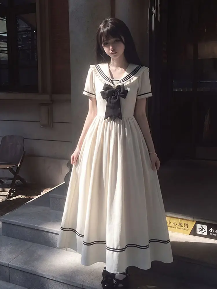 Chunxiao Zhiying Academic Style Naval Collar Temperament Women's Summer New Waist Bow Thin Dress Women