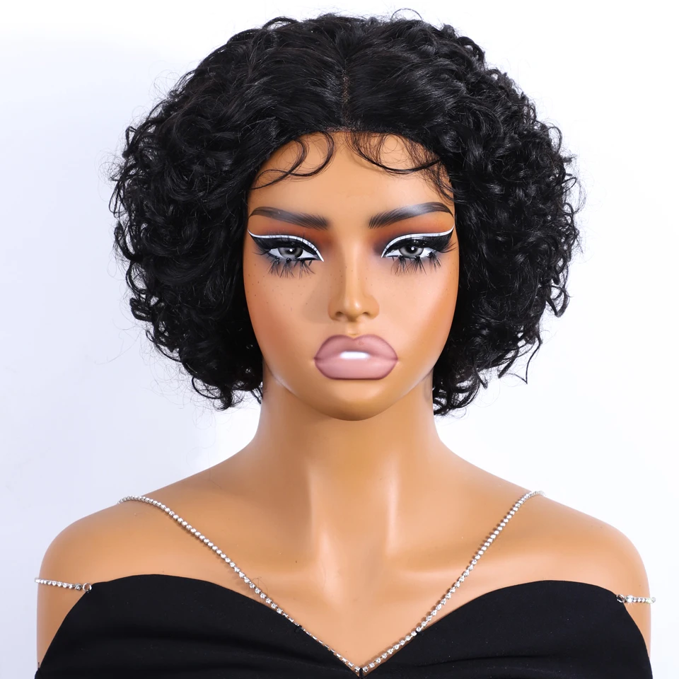 

Sleek Pixie Cut Brazilian Water Curly Bob Wigs Nature Black Dark Middle Part Lace Brown P4/30 100% Remy Human Hair Wig For Women