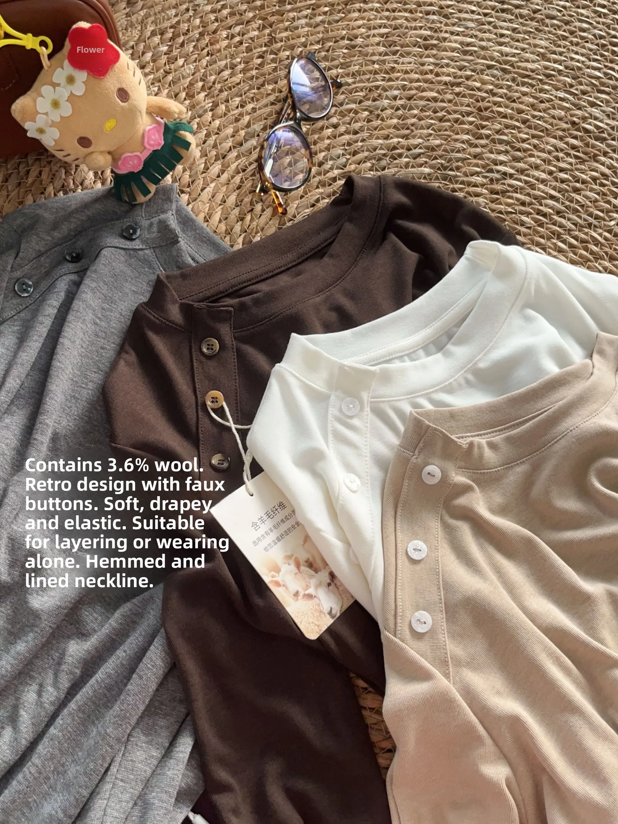Slim Fit Long Sleeve T-Shirt Women's Base Layer Top Silk Wool Autumn Winter Design Button Neck Vintage Style Breathable Polye...