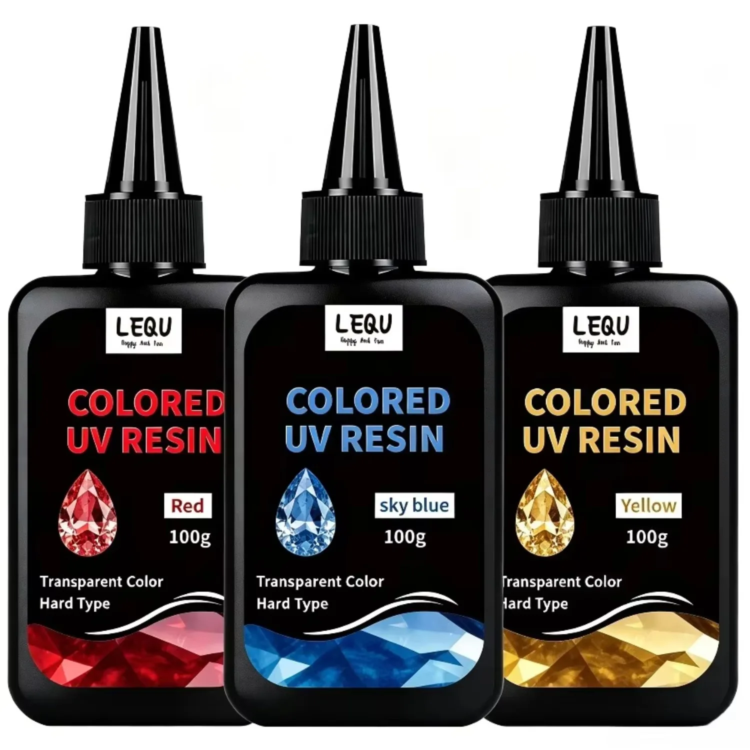 Tri-Colour UV Resin, Transparent Gemstone Red Sky Blue Yellow Coloured UV Resin, Fast Curing Hard Resin For Jewellery Making, Miniature Models, Tabletop Crafts And Resin Art, No Mixing Required, Glossy Finish, Christmas And Halloween Gifts