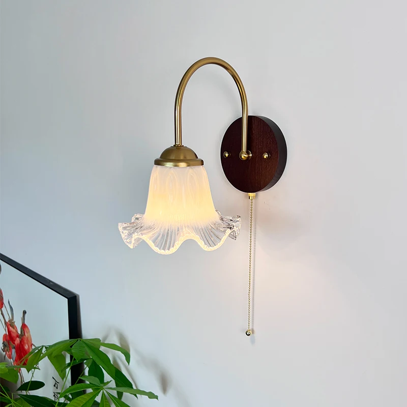 

Modern Walnut Color Glass Wall Lamp for Bedroom Bedside Lighting Zipper Switch Flower Glass Sconces Stair Living Room Wall Light
