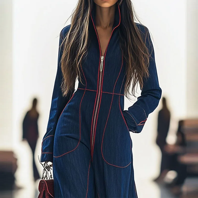 

Elegant Deep V-neck Zipper Long Jumpsuits Women Casual Pocket Street Cowboy Romper Fashion Long Sleeve Waist Overalls Playsuits