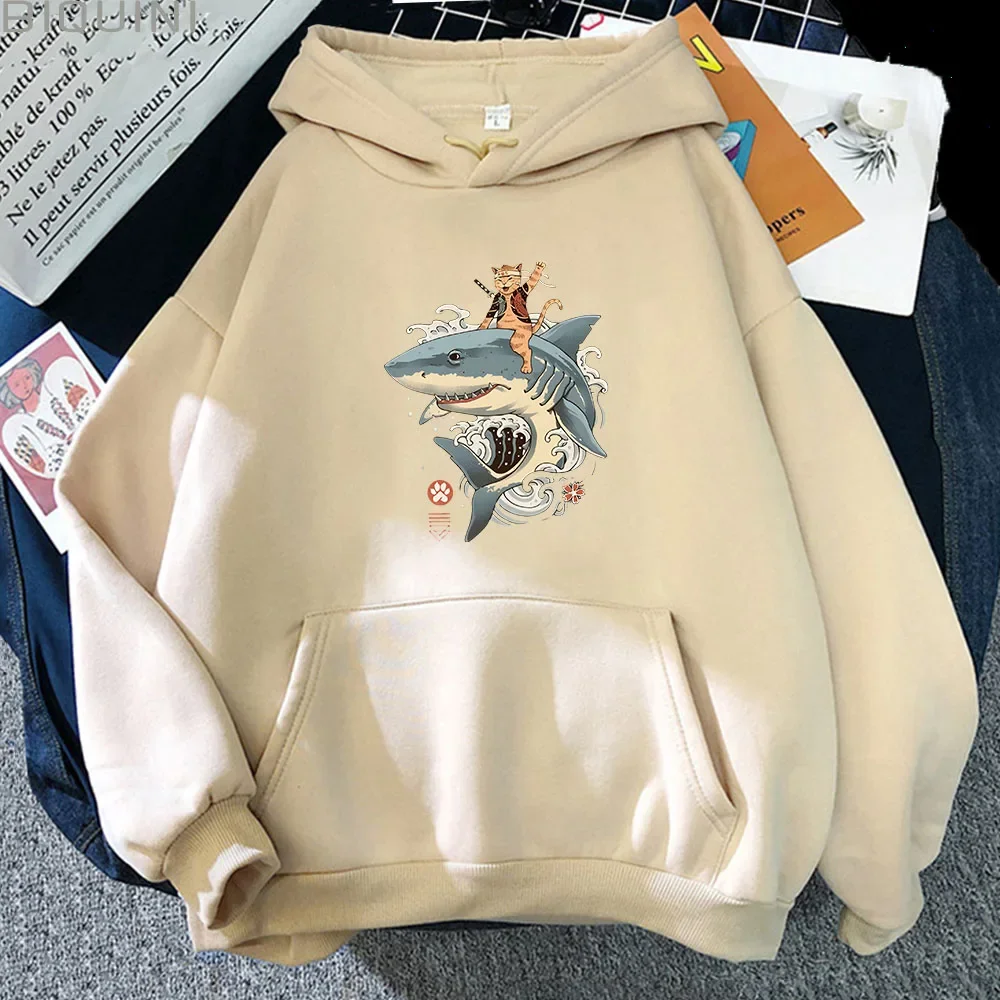 Respect The Locals Shark Cute Cat Anime Hoodies Men Japanese Cartoon Streetwear Round Neck Long Sleeve Harajuku Sweatshirts Y2k