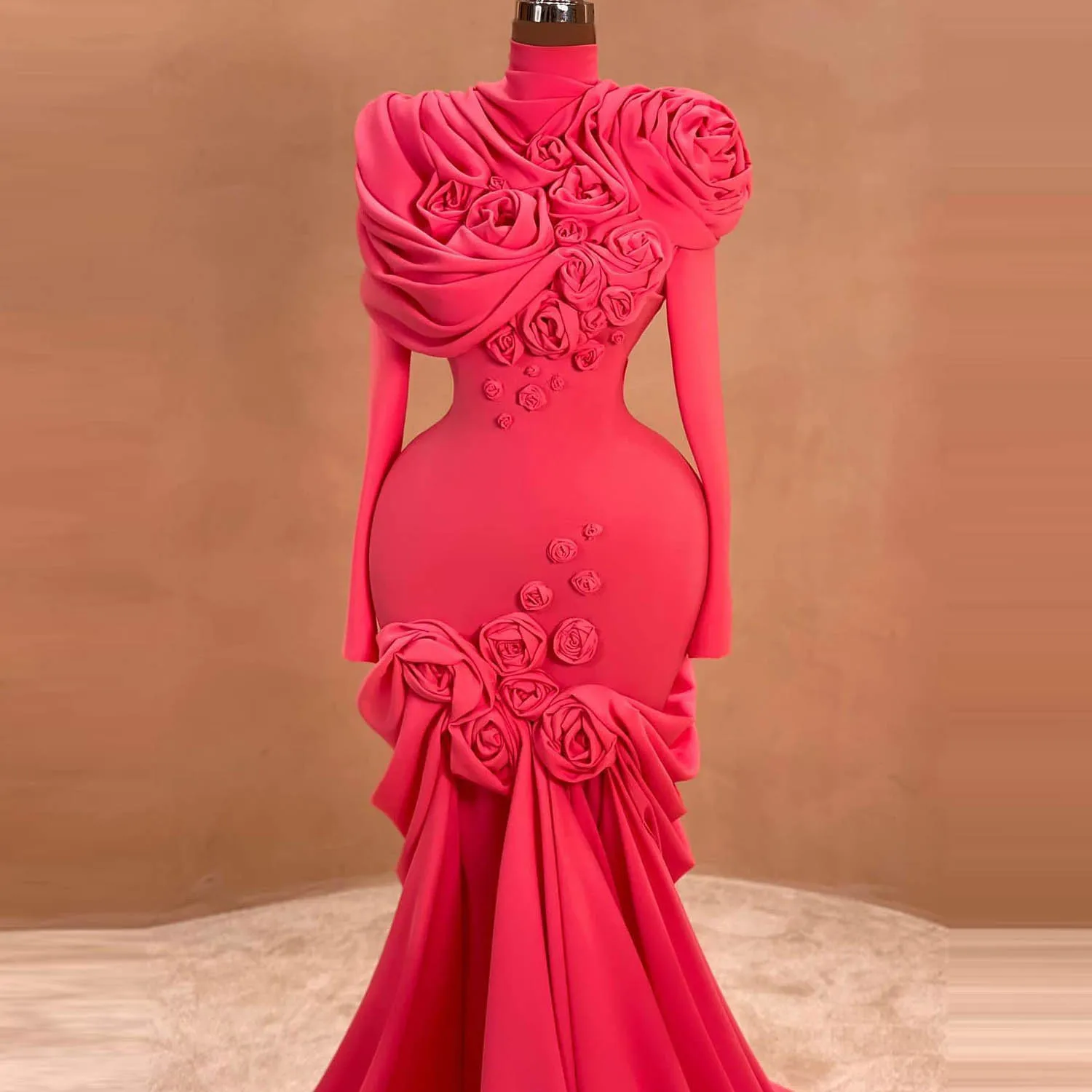 Hot Pink Mermaid Evening Dresses With Handmade Flowers High Neck Long Sleeves Prom Dress Long Train Women Birthday Party Gowns