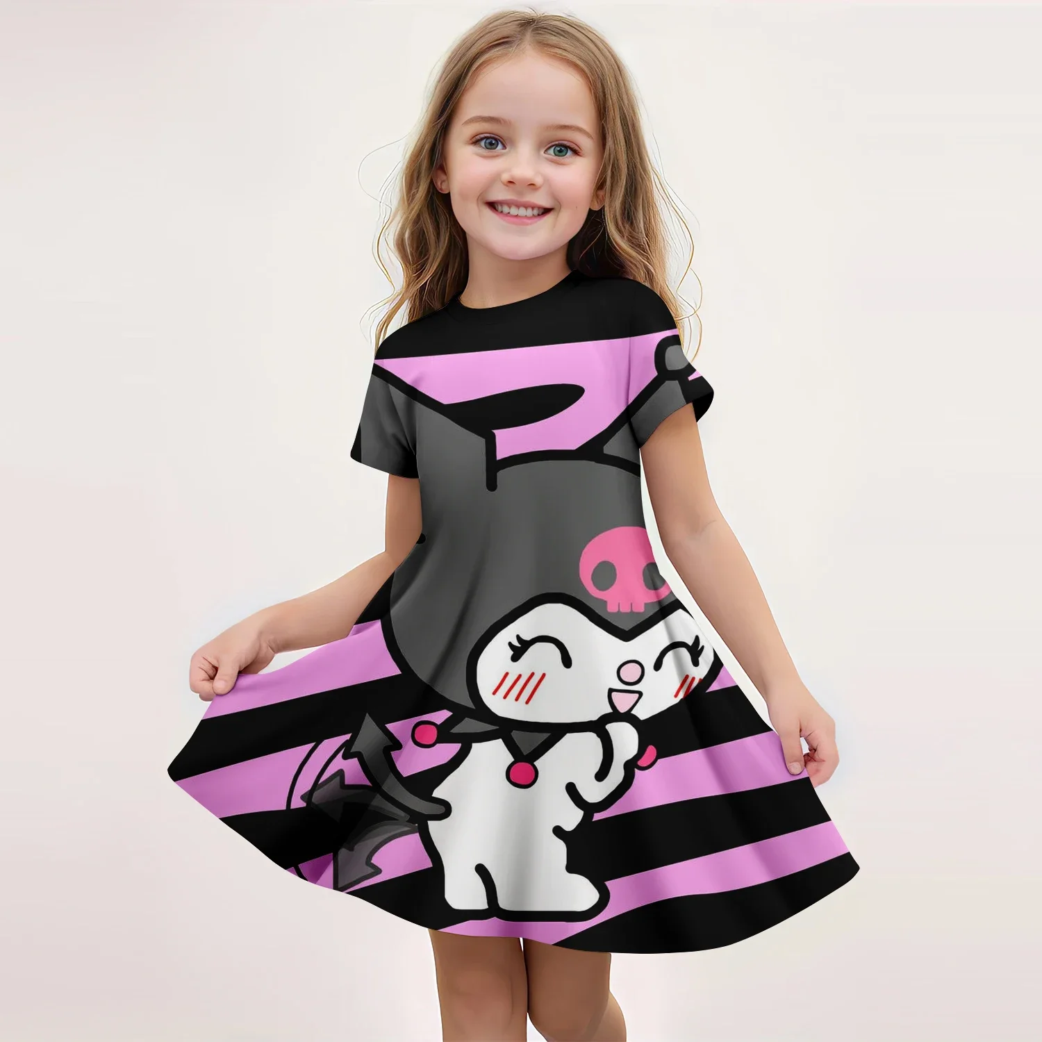 Kuromi Summer Girls Skirt Short Sleeved Dress 3d Printed Cartoon Cute Children's Fashion Mnso Breathable Clothing Party Trend