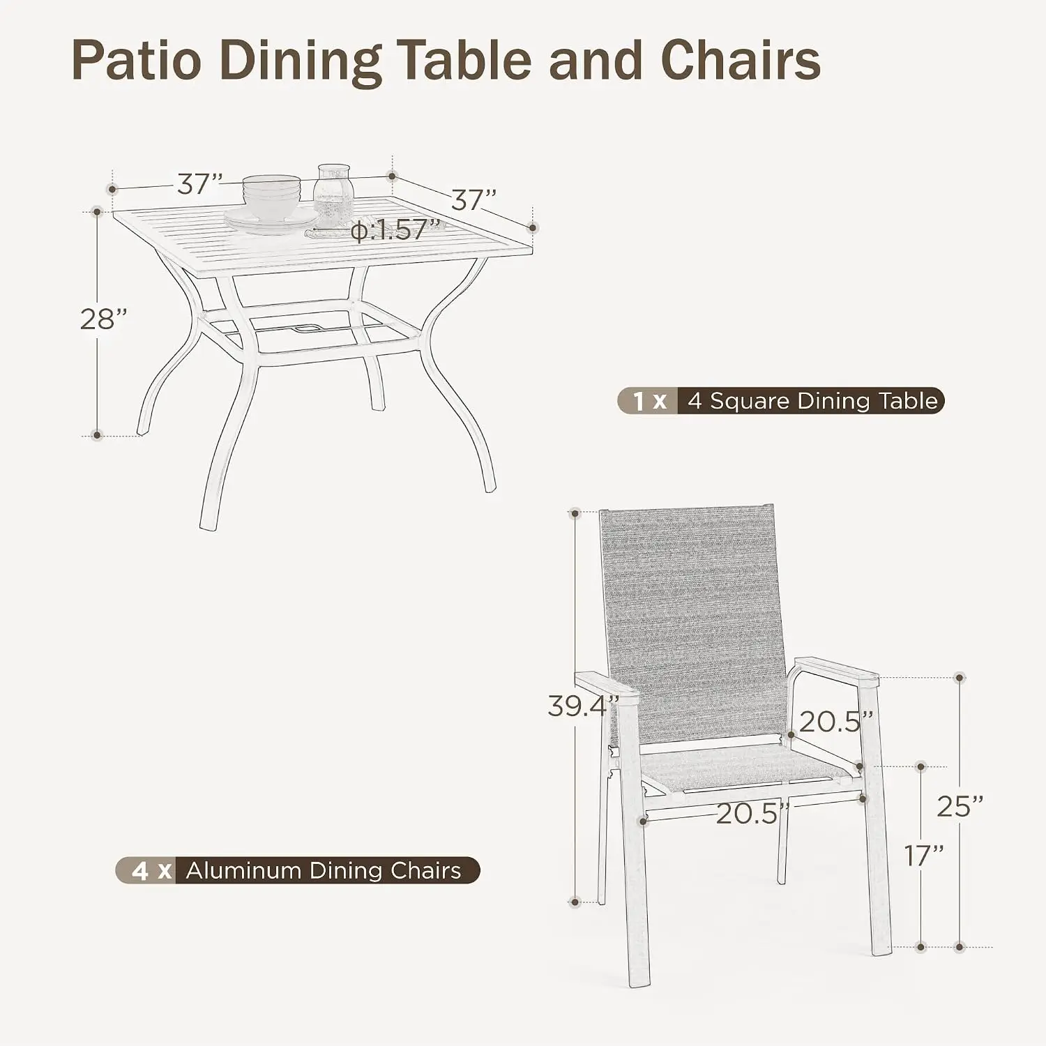Outdoor Dining Set for 4 w/Metal Table & Aluminum Chairs, Grey, Customized