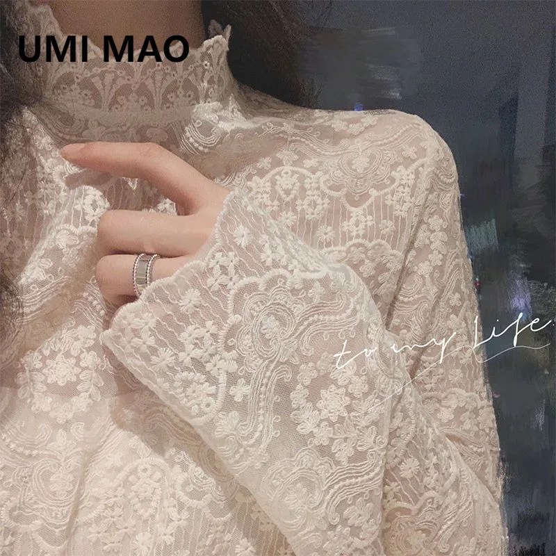 UMI MAO Super Fairy Кружевной топ для женщин Весна Осень Новая универсальная рубашка с длинным рукавом и полувысоким воротником в сетку
