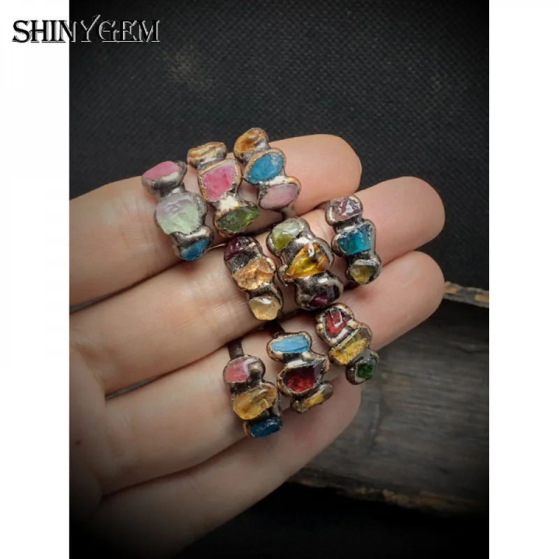 SHINYGEM ثلاثة حجر طبيعي خام غير منتظم مصنوع يدويًا بحواف برونزية قوطية خاتم مجوهرات أنيق هدية #3