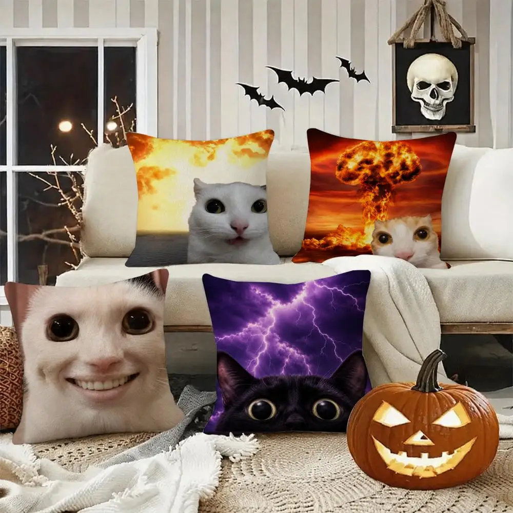 Funny Reaction Cat Wall Art Cushion Cover Halloween decoration trick or treat cushion cover, ghost, pumpkin head, bat decoration