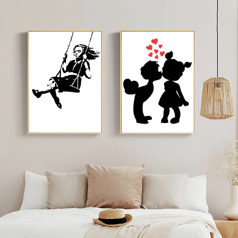 Straßen-Graffiti-Kunst Leinwandposter Drucke Ballon-Kind-Motiv Wandbild für Wohnzimmer Heimdekoration