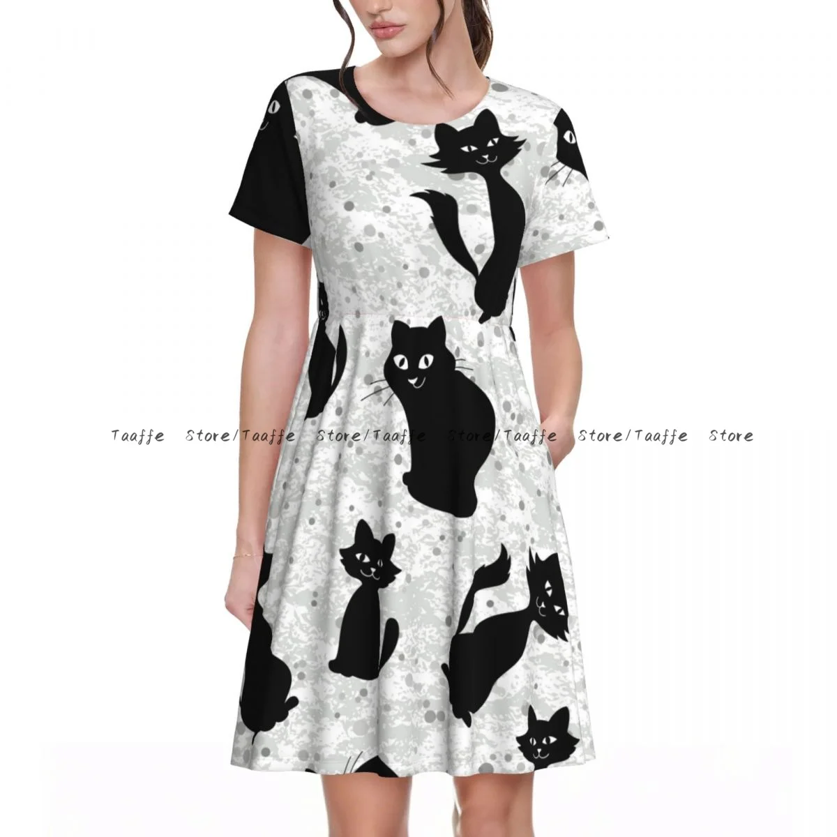 Vestido elegante para mujer, siluetas negras de gatos de dibujos animados, cuello vuelto, manga corta, bata de calle moldeadora de cuerpo