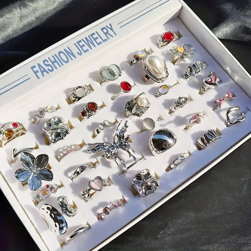 10/20/30Pieces Fashion Imitation Pearl Flower Open Rings Set For Women Mix Style Colorful Rhinestone Finger Jewelry image 4