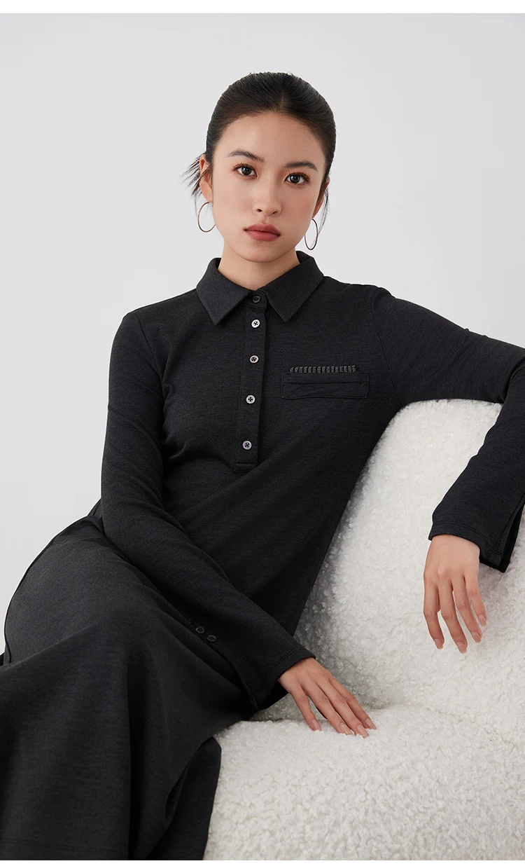 K2690W Acetat-Wollkleid für Herbst und Winter, Midi-Länge, lange Ärmel, hochwertige Luxus-Damenbekleidung – Detail 4