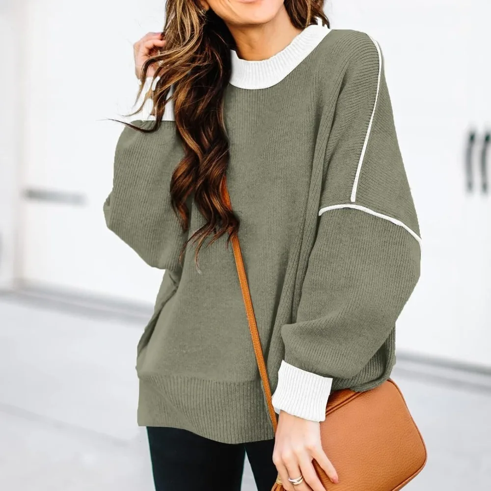 

Fashion Sweater Color Blocked Long Sleeved Knitted Pullover Top Loose Design for Autumn Winter Casual Versatile