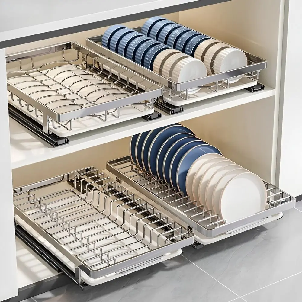Stainless Steel Pull-out Dish Rack Large Drawer Type Dish Drainer Storage Rack with Handle with Drain Tray Kitchen Dish Racks