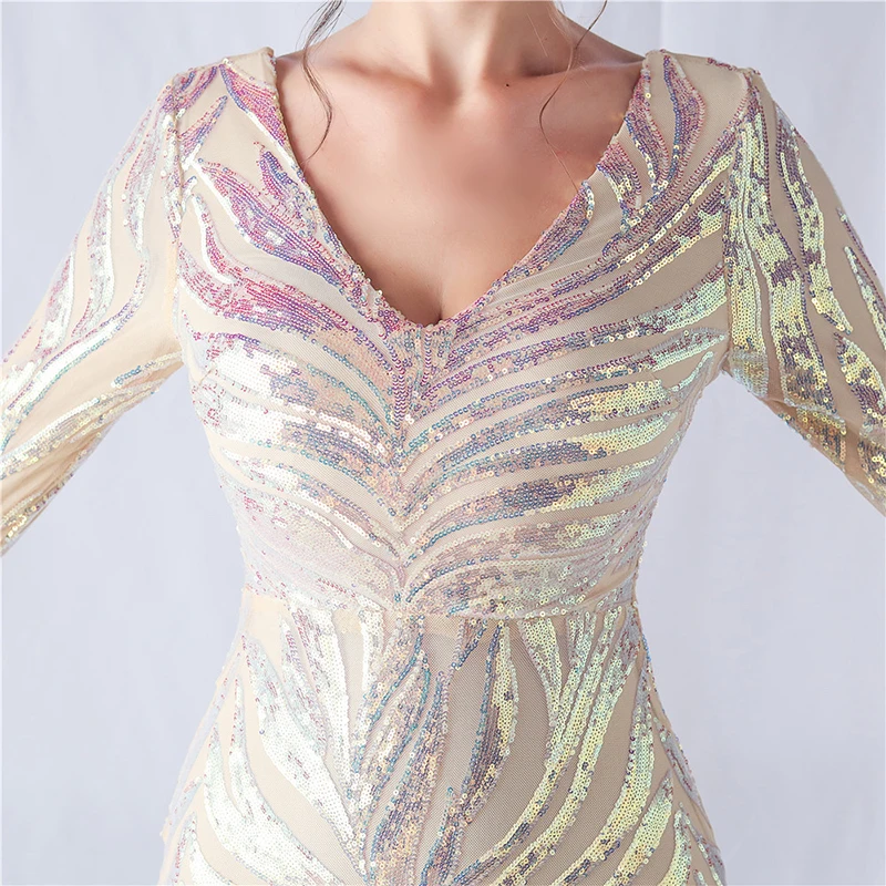Eleganckie sukienki wieczorowe damskie z długim rękawem, dekoltem w serek, cekinami, odkrytymi plecami, seksowne, koktajlowe, na studniówkę, maxi, na imprezę.