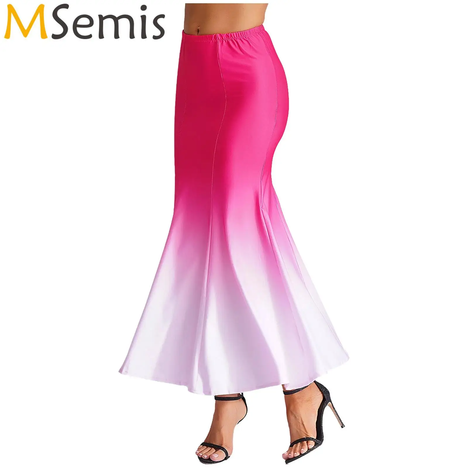 

Женские длинные юбки для градиентного танца, сценический костюм, эластичный пояс с высокой талией, расклешенная юбка до щиколотки