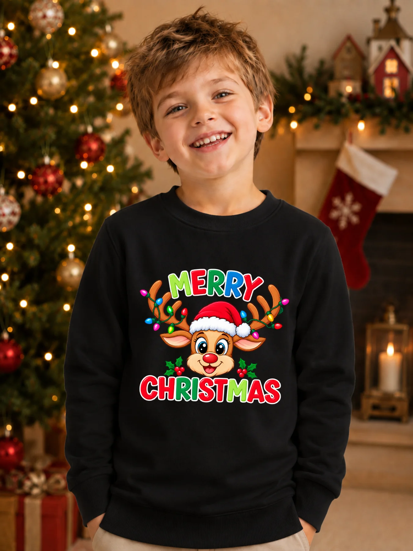 Kids Boys Christmas Sweatshirt Cute Reindeer Merry Christmas Print Round Neck Long Sleeve Pullover Autumn Winter Xmas Children T