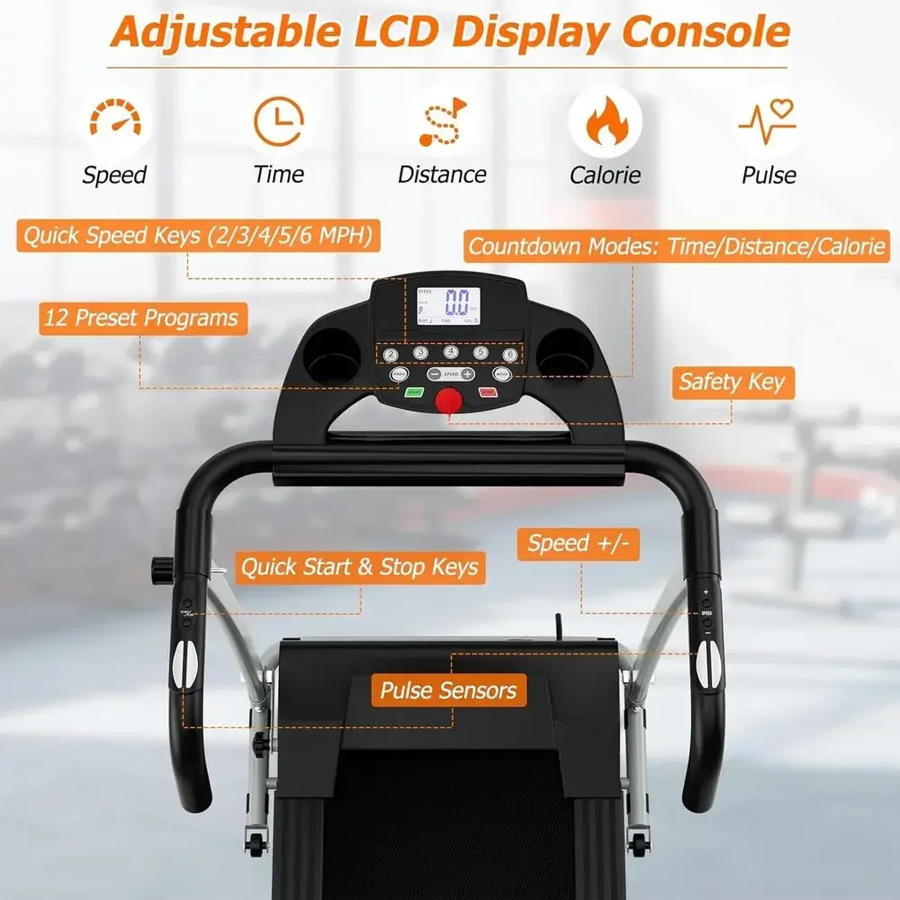 Portable Compact Treadmill with 12 Built-in Programs, Adjustable Display, Pulse Monitoring for Home Use