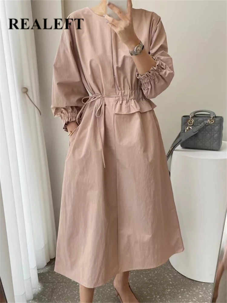 REALEFT 2024 New Lace Up Women\'s Shirts Dresses O-Neck Puff Sleeve Solid Casual Loose Straight Long Dresses Female Spring Autumn