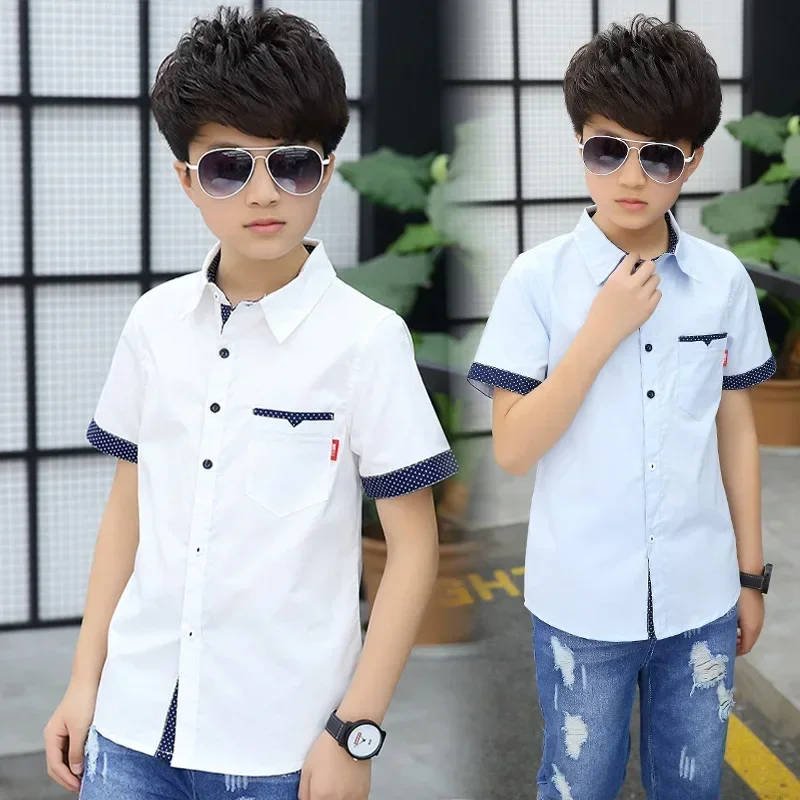 Age 4-13 Years 2025 Summer Toddler Teenage Dot School Boy Clothing Kids Boys Shirts Children Short Sleeve Clothes Tops