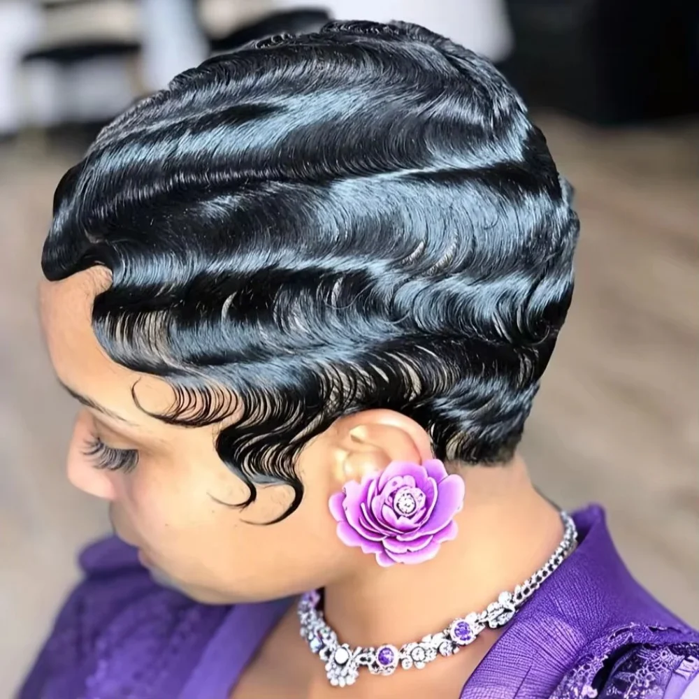 Finger Wave Human Hair Pixie Cut Wig Layered Style For Women 180% Density Machine Made Wig