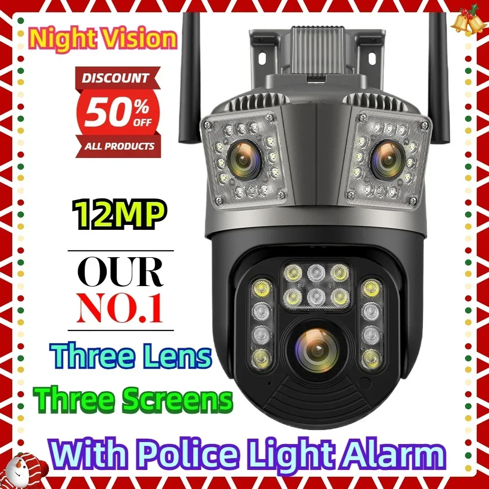 Con alarma de luz de policía, cámara de seguridad de visión nocturna, 12MP, 6K, tres lentes, Wifi, cámara de vigilancia, tres pantallas, cámara IP PTZ