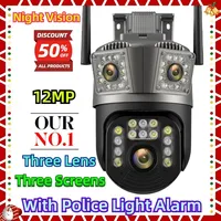 With Police Light Alarm Night Vision Security CAM 12MP 6K Three Lens Wifi Surveillance Camera Three Screens PTZ IP Camera