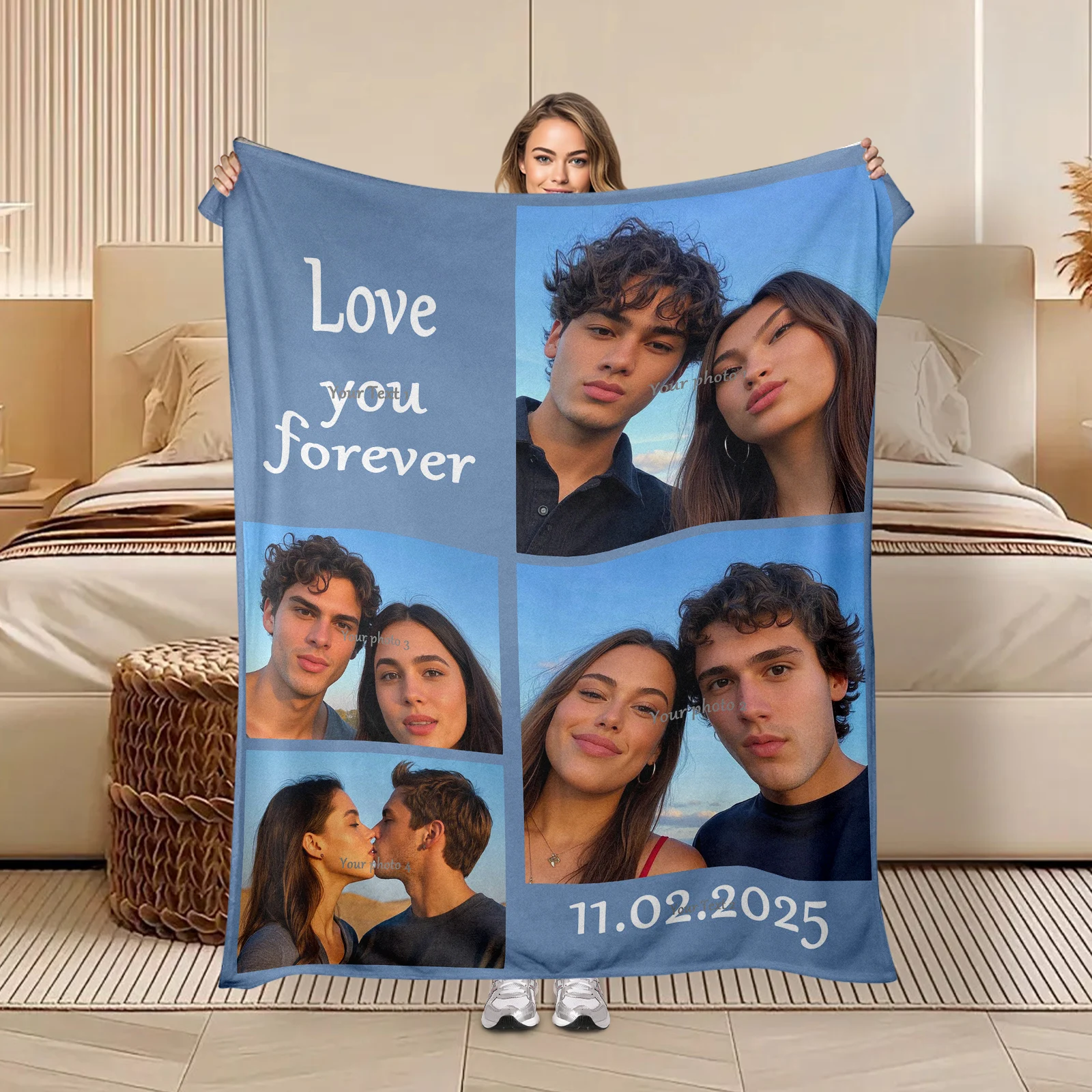 Customizable Valentine's Day Flannel Blanket. 4 Images and 2 Set Phrases to Express Love for Partners.