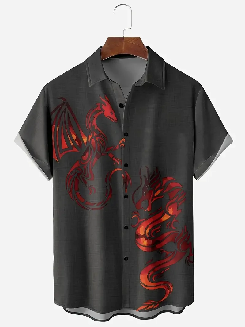 

2024 New Product Retro Casual Men's Summer Fashion Short sleeved Shirt Dragon Element Printed Trendy Shirt for Street Wear