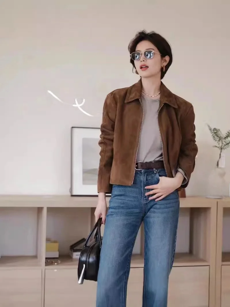 スリムフィット スエードレザージャケット レディース ショートコート ヴィンテージ ターンダウンカラー 秋の新スタイル 通勤スタイル 長袖 ジッパー
