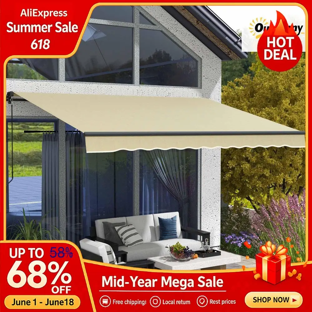 

12 x 10 Retractable Awning, Patio Sunshade Shelter with Manual Crank Handle, 280gsm UV Resistant Fabric and Aluminum, Custom