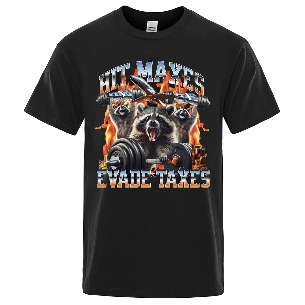2025 الصيف ضرب Maxes Evade الضرائب مضحك الراكون ميمي 100% القطن الخالص تي شيرت مطبوع الرجال Vintage عادية كم قصير المتضخم #1