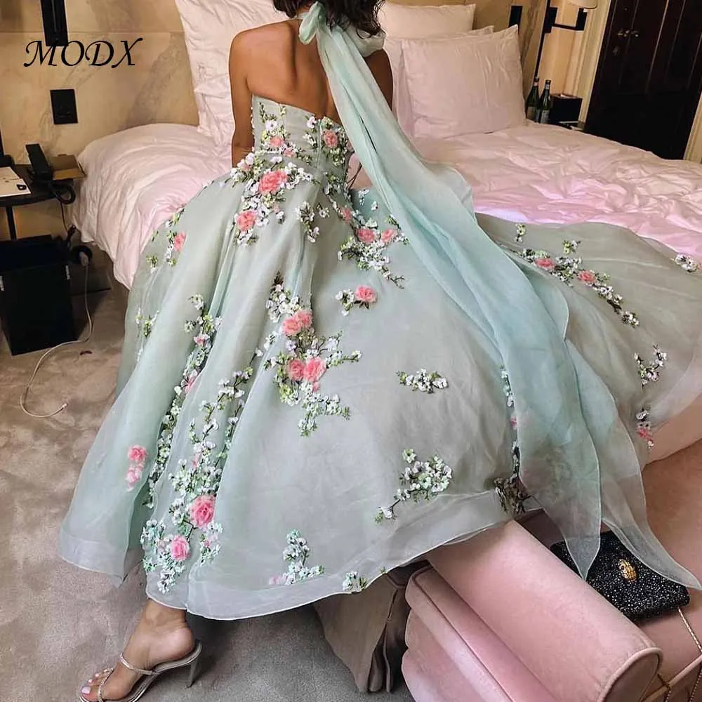 MODX-vestido bordado Floral verde menta, vestido de tul personalizado sin tirantes, estilo princesa, elegante traje de noche para graduación y invitados de boda