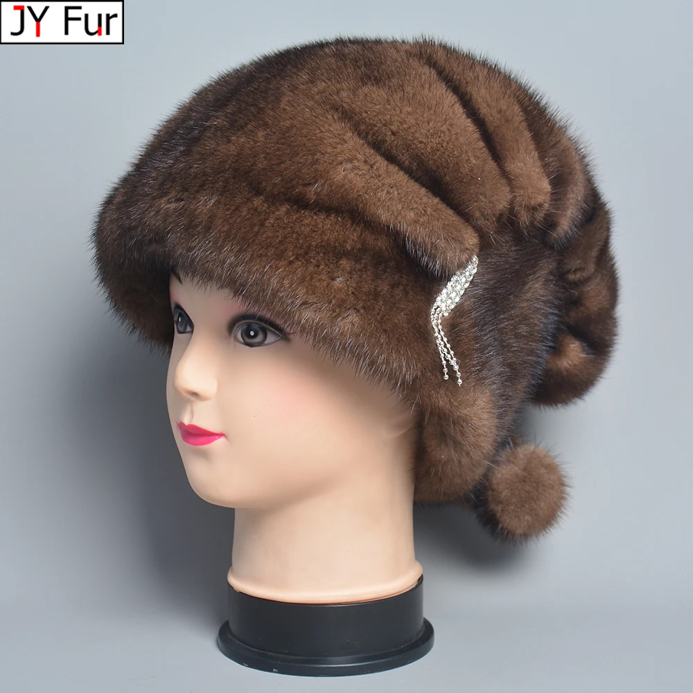 

2024 Fashion Hot Whole Genuine Mink Fur Hats Female Winter With Mink Fur Pompons Elegant Luxury High Quality Ladies Beanie Hat