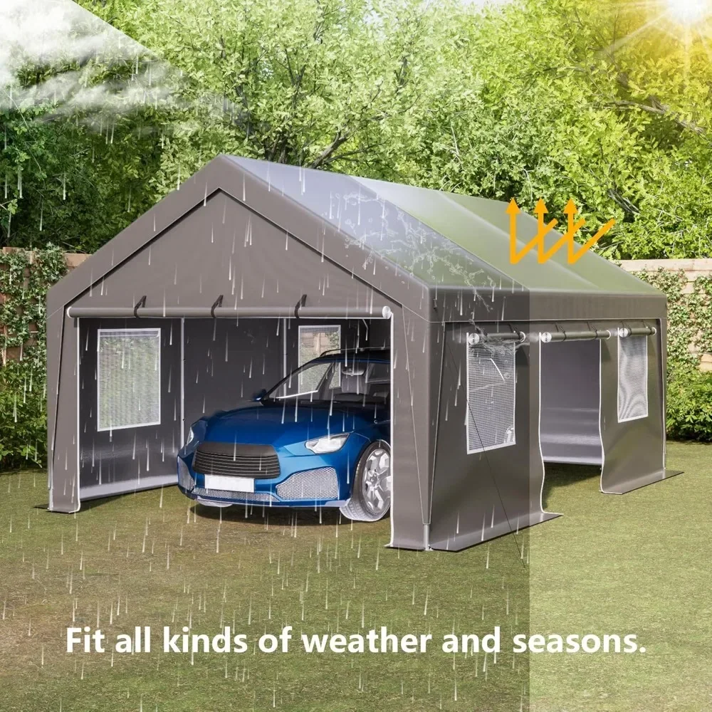 Carport portable extérieur avec paroi latérale enroulable, fenêtres ventilées avec parois latérales parfaites, 13 pi x 20 pi