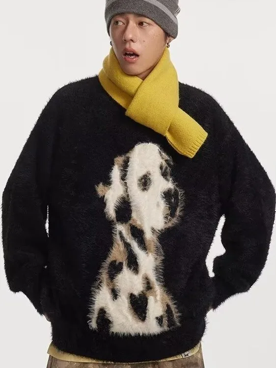 

Retro American Spot Dog Pattern Knitted Sweater Loose Fit round Ne Lazy Sle Knitwear Trendy Brand Autumn Winter New Arrival