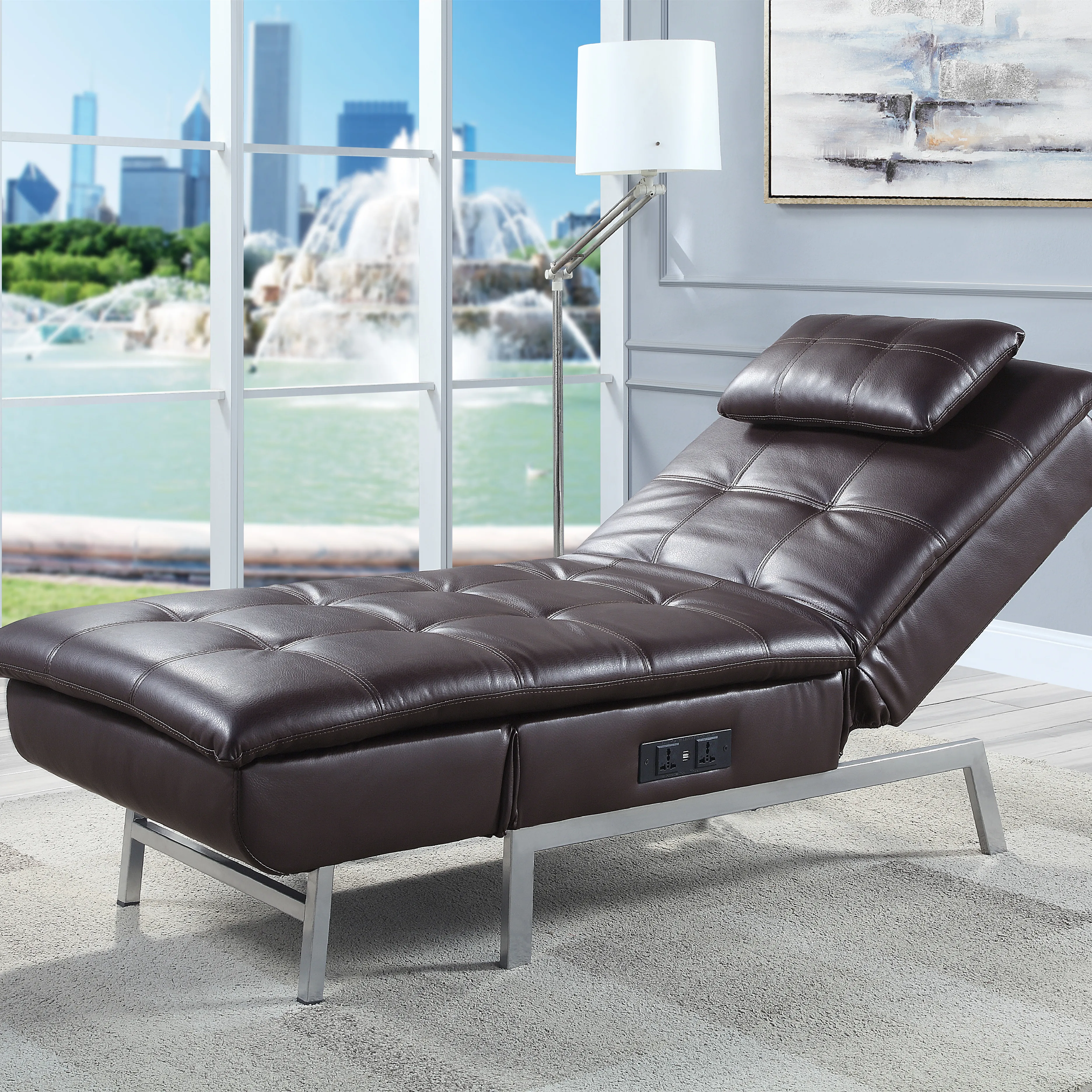 

Chaise Lounge w/Pillow & USB Port in Brown PU