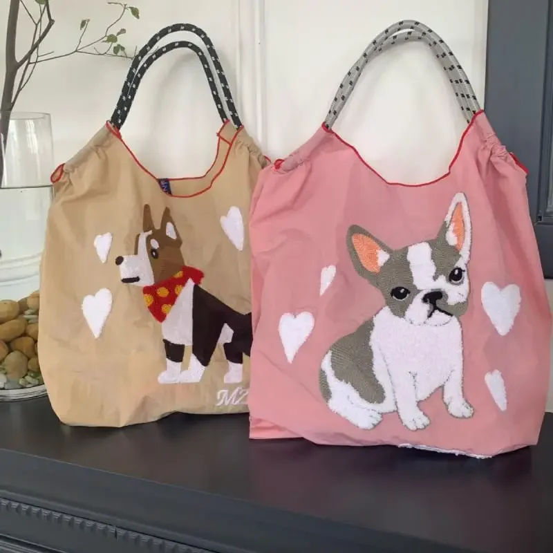 Kawaii Tote Bag Nylon Pet Dog Embroidered Shopping Bag Anime Eco Friendly Shoulder Women Casual Large Capacity Handbag Girl Gift