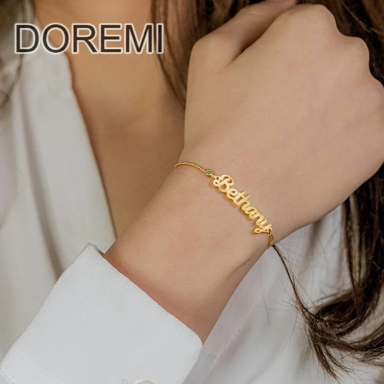 

DOREMI Stainless Steel DIY Birthstone Letter Personalized Name Bracelet Dainty Women BraceleWomen Chain Rhinestone Name Bracelet