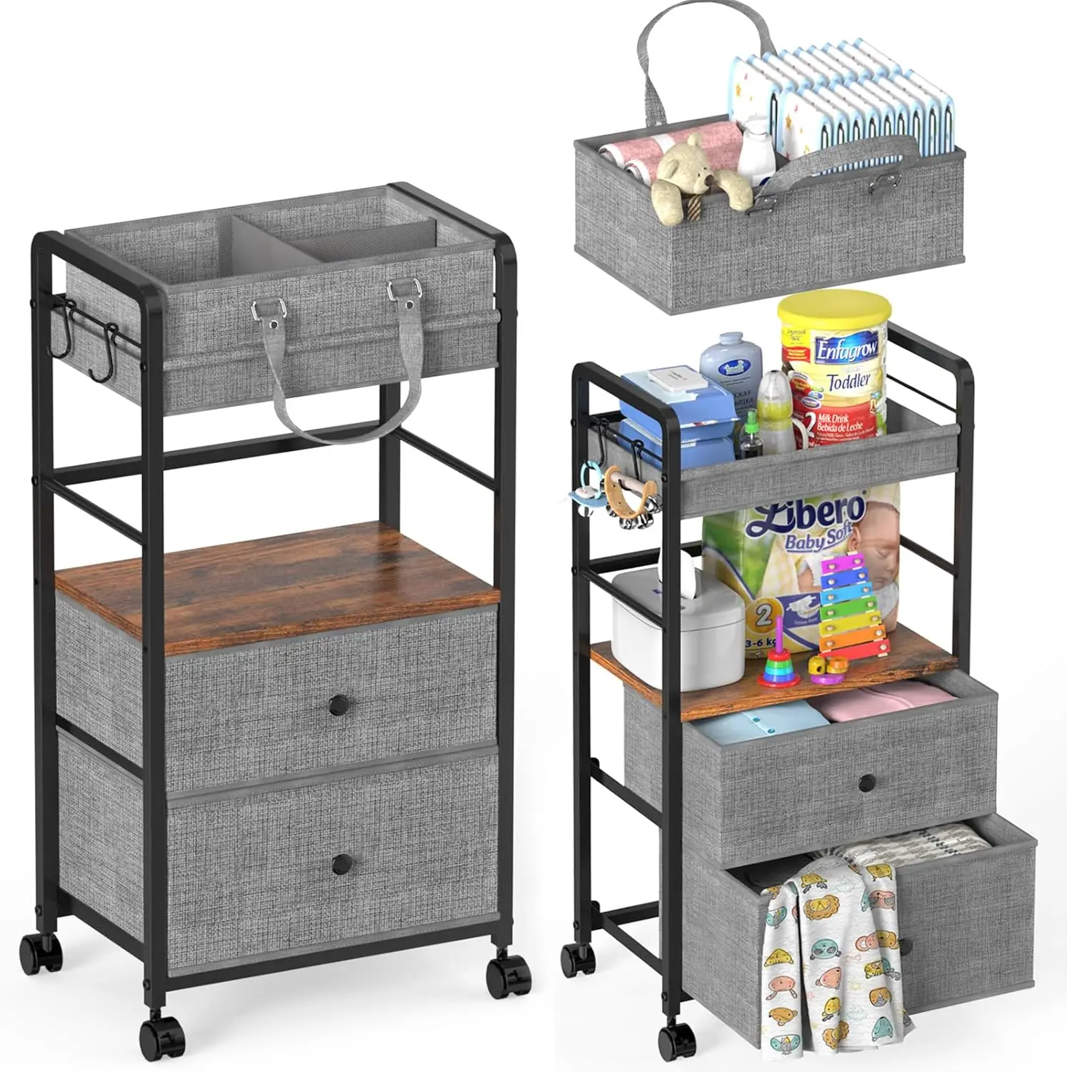 

2IN1 Baby Diaper Caddy Organizer & 4-Tier Rolling Cart, Bedside Cart for Baby Essentials Nursery With Drawers, Metal Mob