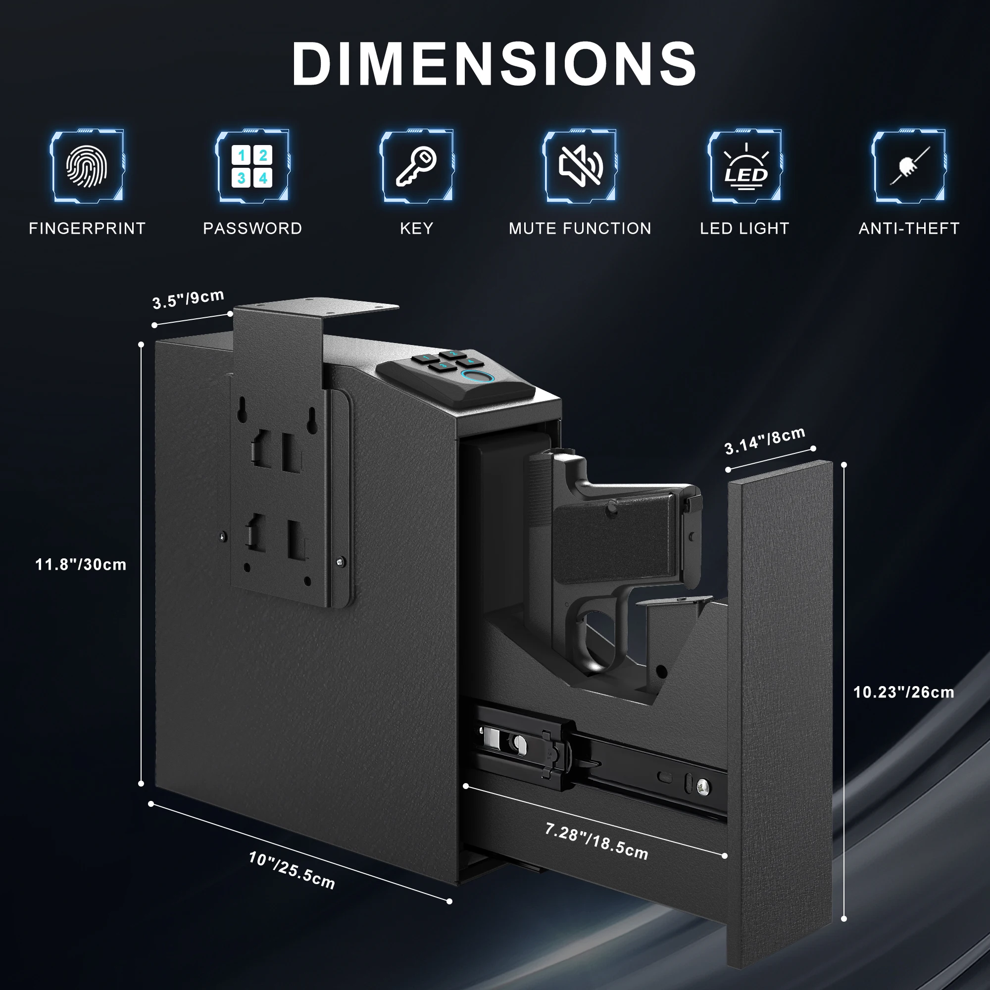 مسدس بيومتري آمن للتركيب، صندوق أمان للبندقية، آمن للوصول السريع مع ضوء LED، صندوق قفل لوحة المفاتيح ببصمة الإصبع