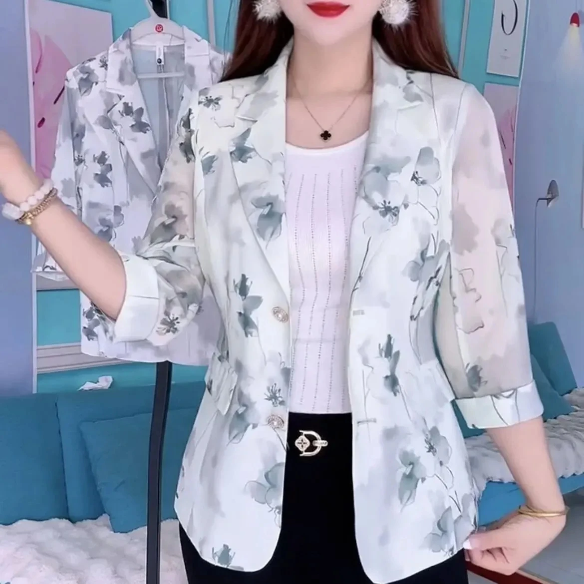 Spring Summer Thin Style Print Small Blazer acket Korean Slim Single Breasted Blazers Three-Quarter Sleeve Sunscreen Suit Coat