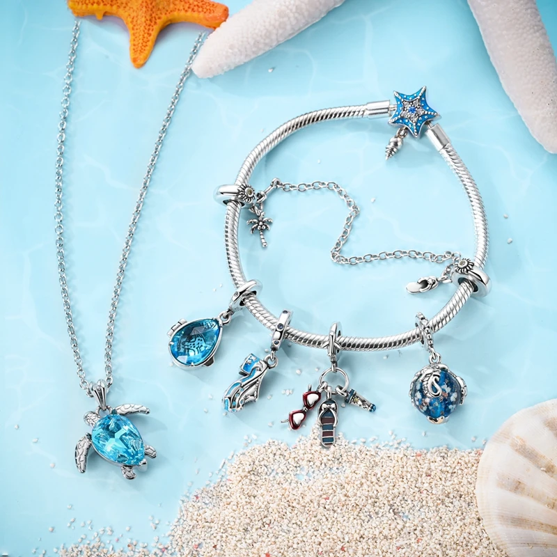 2025 المحيط السحر 925 فضة نجم البحر قوقعة الأخطبوط البحر السلاحف الأسماك الخرز صالح سوار قلادة المرأة DIY بها بنفسك مجوهرات
