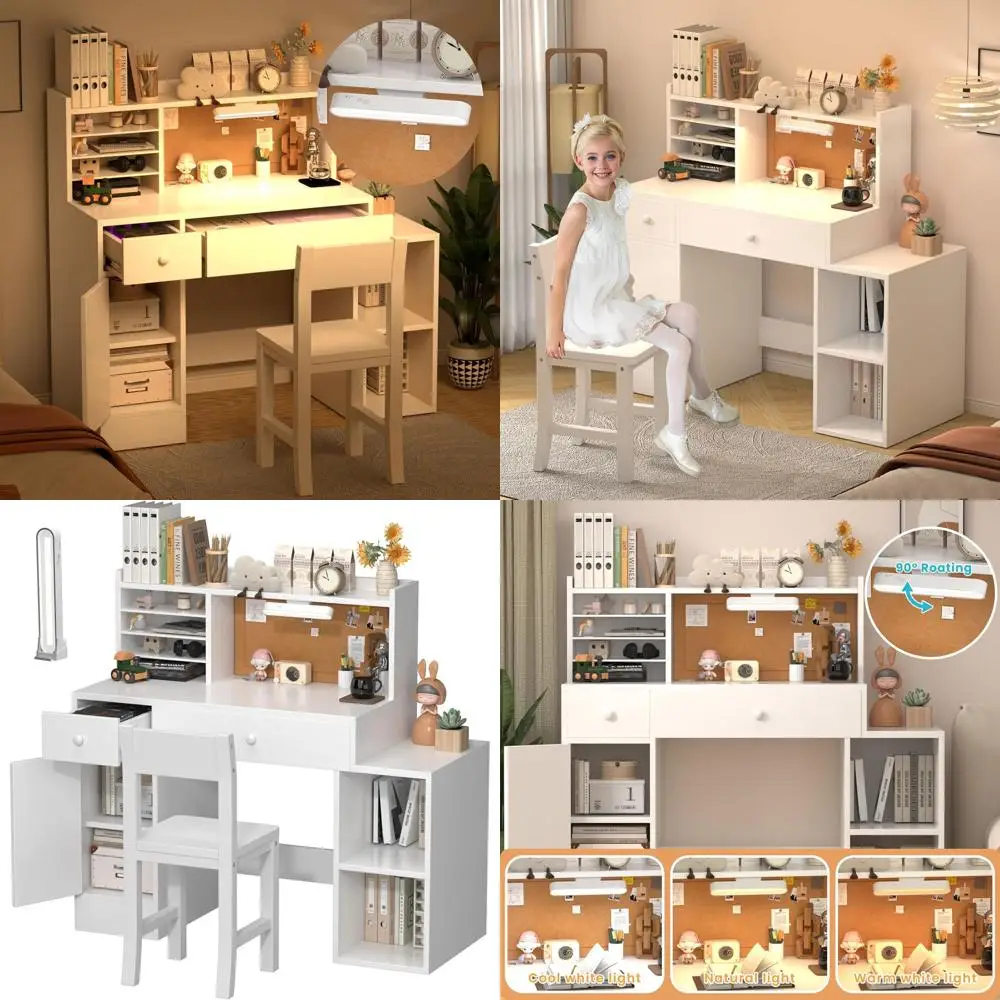 

Белый детский комплект: стол и стул с подсветкой, местом для хранения и надстройкой для девичьей спальни