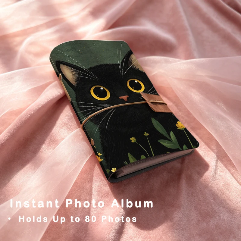 Cute Black Cat Printed 6-Ring Refillable Photo Album 80 Slots for 3 Inch Instax Mini Polaroid Kpop Photocard Storage Organizer
